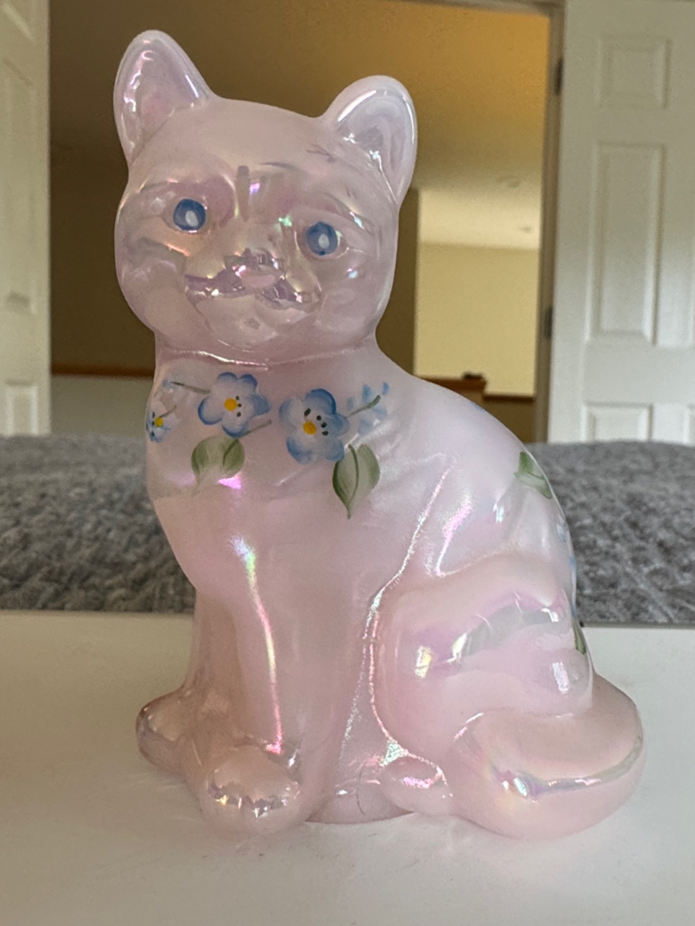 Fenton Iridescent Pink Floral Ceramic Cat Figurine
